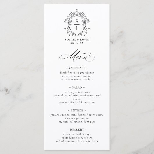 Elegant Baroque Crest Monogram Weddenschap Menu (Voorkant)