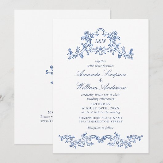 Elegant Baroque Dusty Blue Classy Wedding Kaart (Voorkant / Achterkant)