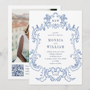 Elegant Baroque Dusty Blue Lijst Foto bruiloft Kaart