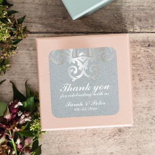 Elegant Baroque Silver Damask Wedding Vierkante Sticker