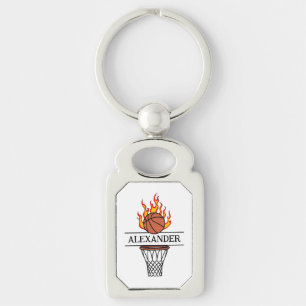 Elegant basketbal met vlam gepersonaliseerde naam sleutelhanger