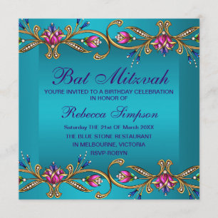 Élégant Bat mitzvah Floral Gem bleu Invitation