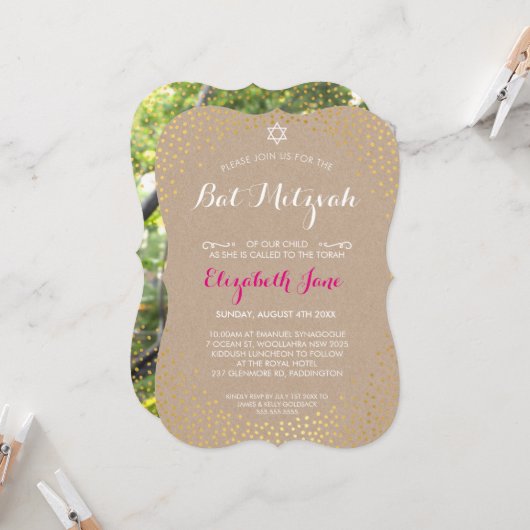 ELEGANT BAT MITZVAH rustiek goud confetti kraft Kaart (Voorkant / Achterkant in situ)