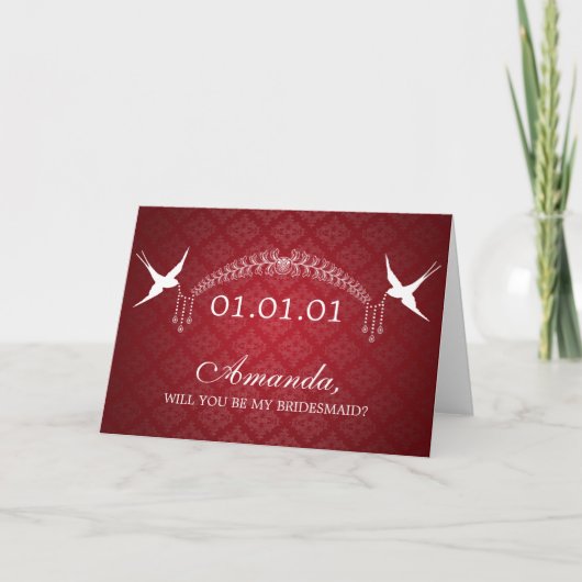 Elegant Be My Bridesmaid Birds & Diamonds Red (Voorkant)