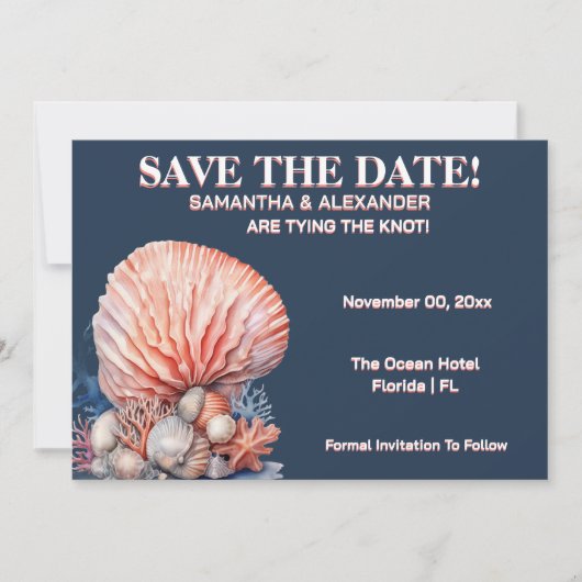 Elegant Beach Coral Wedding Invitation Blue (Devant)
