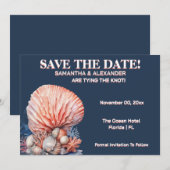 Elegant Beach Coral Wedding Invitation Blue (Devant / Derrière)