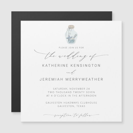 Elegant Beach Seashell Modern Script Weddenschap Magnetische Uitnodiging (Voorkant / Achterkant)