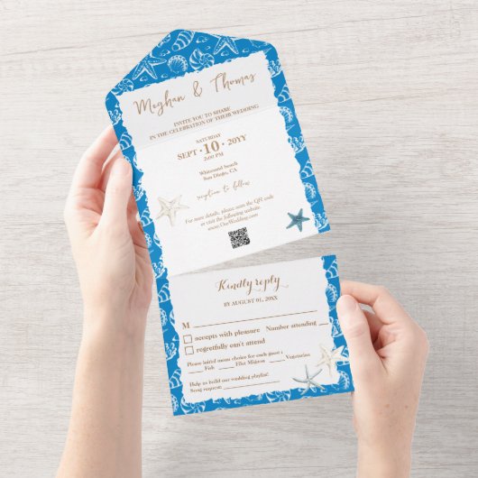 Elegant Beach Threaded Weddenschap met QR-code RSV All In One Uitnodiging (Afscheurbaar)