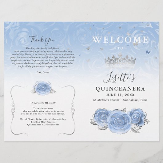 Elégant Bébé bleu et argent Quinceanera Programme (Devant)