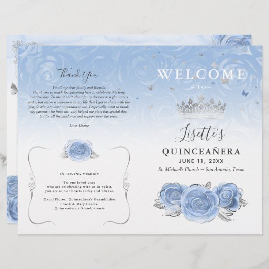 Elégant Bébé bleu et argent Quinceanera Programme (Devant / Derrière)