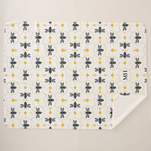 Elegant Bee Patroon Geel Modern Zwart Monogram Sherpa Deken (Voorkant (horizontaal))