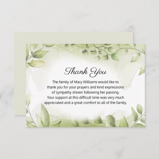 Elegant begrafenis groen gedenkteken dank u kaart (Voorkant / Achterkant)
