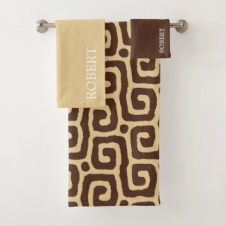 Elegant Beige &Brown Abstract Pattern Custom Name Bad Handdoek