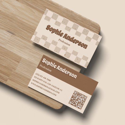 Elegant Beige & Brown Checkerboard with QR Code Visitekaartje