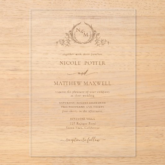 Elegant Beige Brown Royal Crown Krans Monogram Acryl Uitnodigingen (Voorkant)