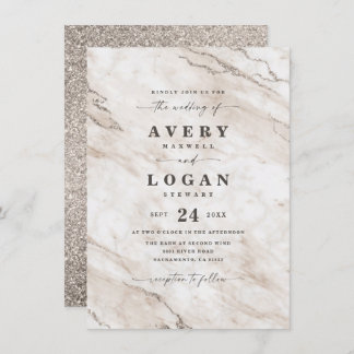 Elegant Beige Champagne Marble & Glitter Wedding Kaart