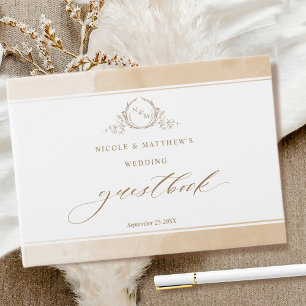 Elegant Beige Cream Waterverf Monogram Weddenschap Gastenboek