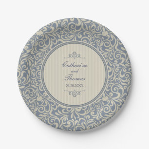 Elegant Beige en Blue Baroque Pattern Wedding Papieren Bordje
