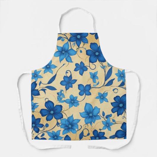 Elegant Beige en Blue Floral Schort voor Keuken (Voorkant)