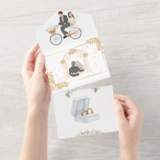 Elegant Beige Floral Wedding Invitation All In One Uitnodiging (Afscheurbaar)