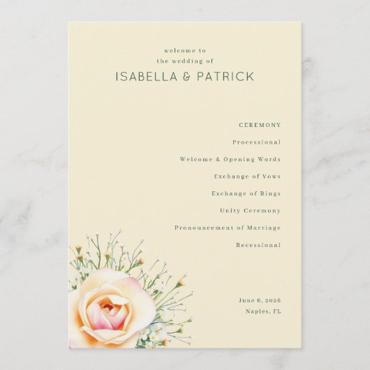 Elegant Beige Floral Wedding Programma (Voorkant)
