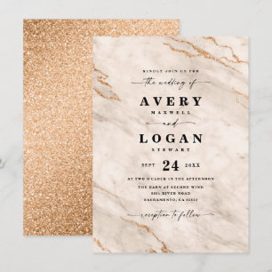 Elegant Beige & Gold Marble & Glitter Wedding Kaart