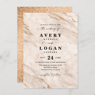 Elegant Beige & Gold Marble & Glitter Wedding Kaart