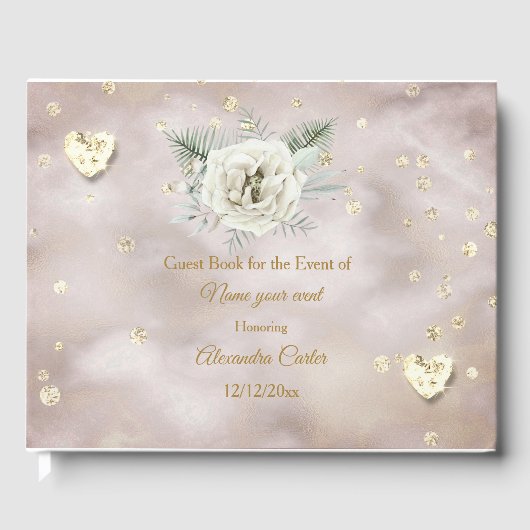 Elegant Beige Gold White Rose Hearts Roos Bloemen Gastenboek (Voorkant)
