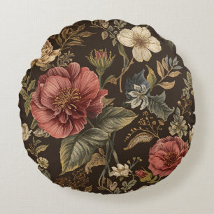 Elegant, Beige Maroon Bruine Bloemen Patroon Rond Kussen