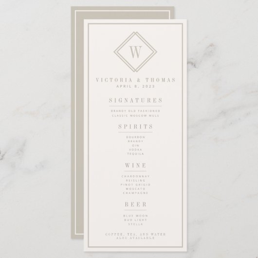 Elégant Beige Minimaliste Bar Mariage Menu (Devant / Derrière)