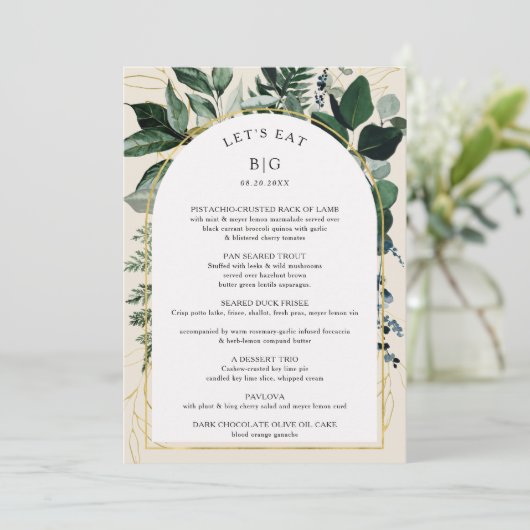 Elegant beige Moderne botanische repetitie Dinner Menu (Staand voorkant)