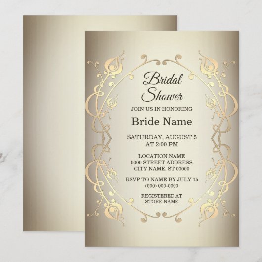 Elégant Beige Or Floral Douche nuptiale Invitation (Devant / Derrière)