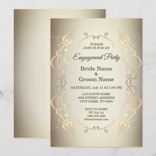 Elégant Beige or Floral Fiançailles Invitation (Devant / Derrière)