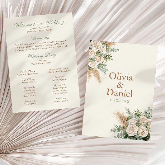 Elegant Beige Pampas & Roze Huwelijksprogramma Programma