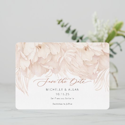 Elegant beige peony bruiloft, behalve datumkaarten folie uitnodiging (Staand Voorkant)