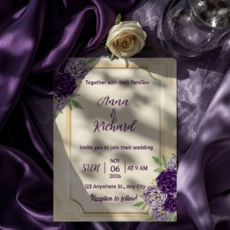 Elegant Beige & Purple Floral Wedding Invitation