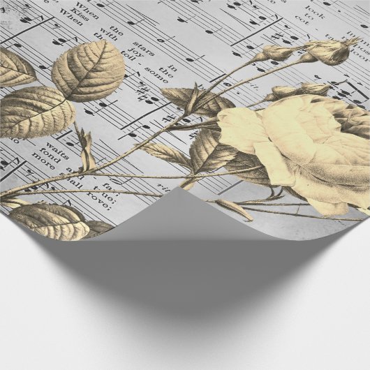 Elegant Beige Roos op Antiek Muziekblad Cadeaupapier (Hoek)