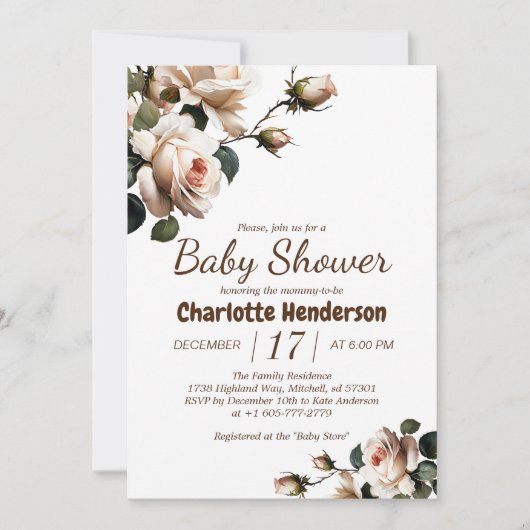 Elégant Beige Rose Baby shower fille Invitation (Devant)