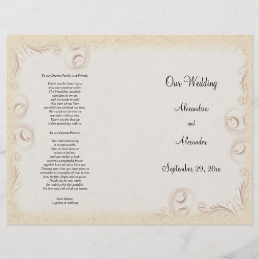 Elegant Beige Scrollwork Wedding Programme (Voorkant)