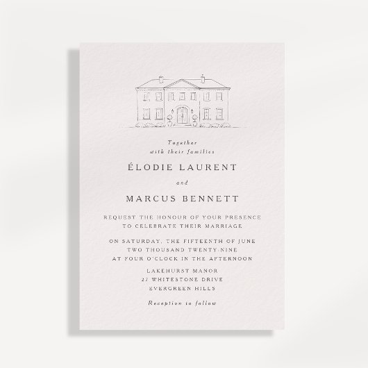 Elegant Beige Venue Sketch Wedding Invitation