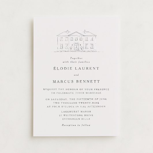 Elegant Beige Venue Sketch Wedding Invitation