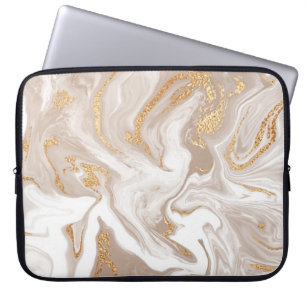 Elegant beige vloeibare marmer met gouden glitter laptop sleeve