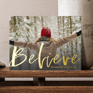Elegant Believe Gold Script-foto Folie Feestdagen Briefkaart