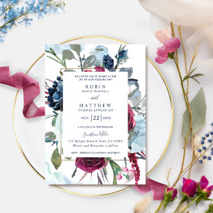 Elegant Berry Blue Burgundy Floral Wedding Kaart