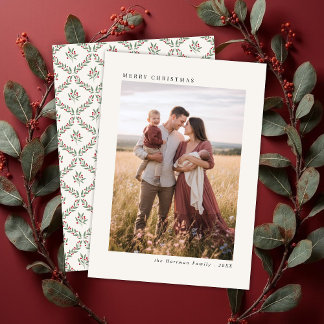 Elegant Berry Botanical Vertical Christmas Photo Feestdagenkaart