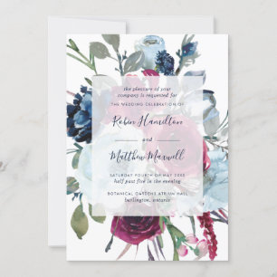 Elegant Berry en Blue Waterverf Floral Wedding Kaart