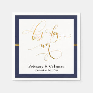 Elegant Best Day ever Navy Blue & Gold Stripe Servet