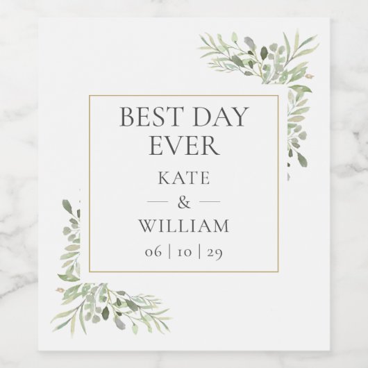 Elegant Best Day Over Greenerage Foliage Wedding Wijn Etiket (Enkel label)