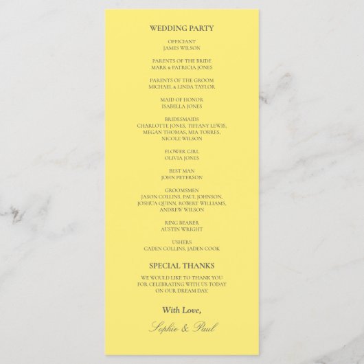Élégant Beurre Programme de mariage jaune (Dos)
