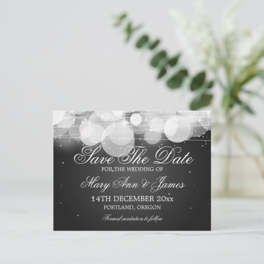 Elegant Bewaar de datum Glow & Sparkle Black Aankondigingskaart (Staand voorkant)